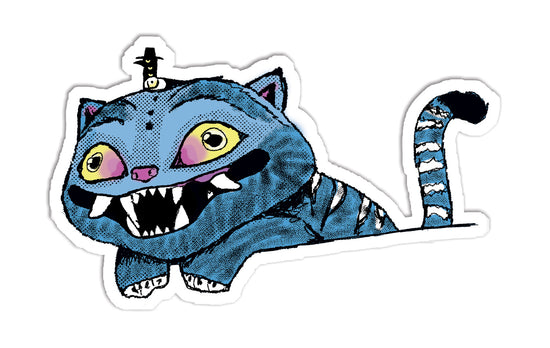 A cartoon-style illustration of a blue cat with a large, open mouth and exaggerated features, such as large eyes and a pointy hat.
