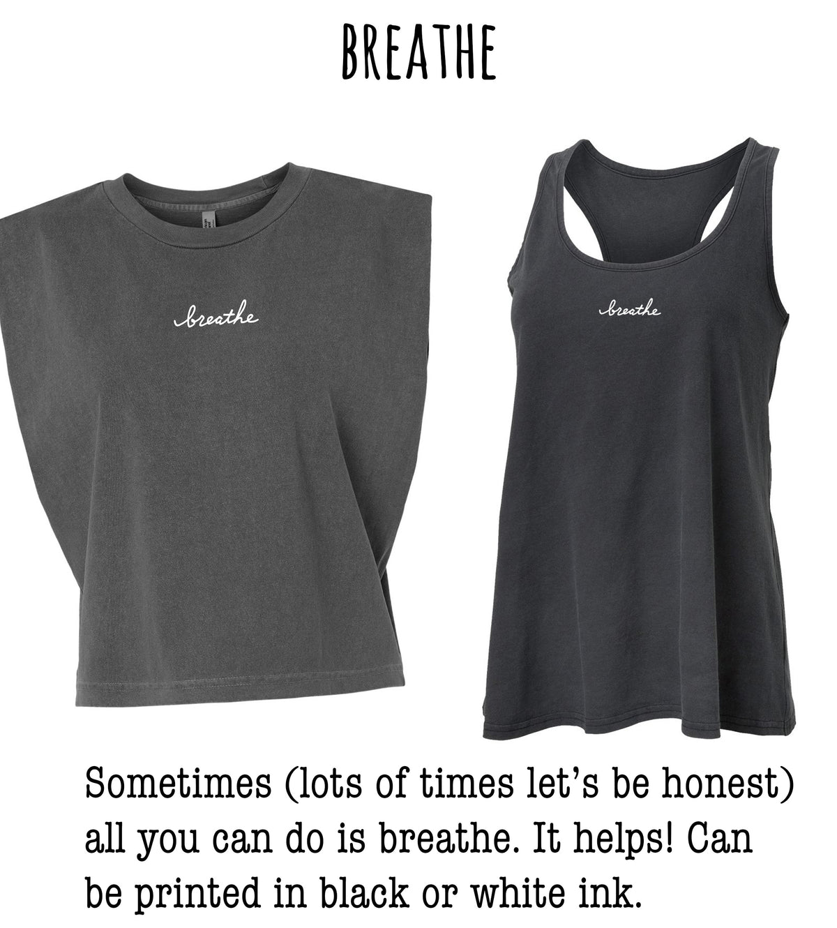 two gray t-shirts with the word "breathe" printed on them.