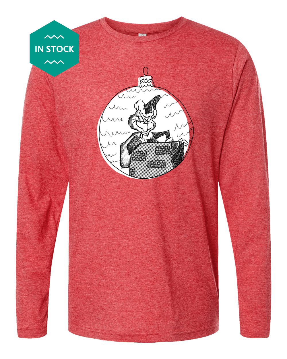 a red long - sleeved shirt with a picture of a man on a boat