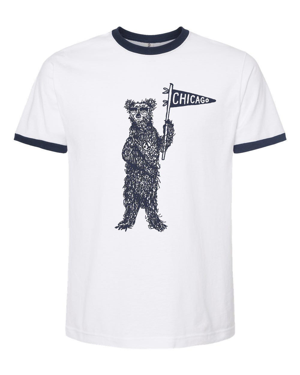 A white t-shirt with a graphic design of a bear holding a Chicago flag.