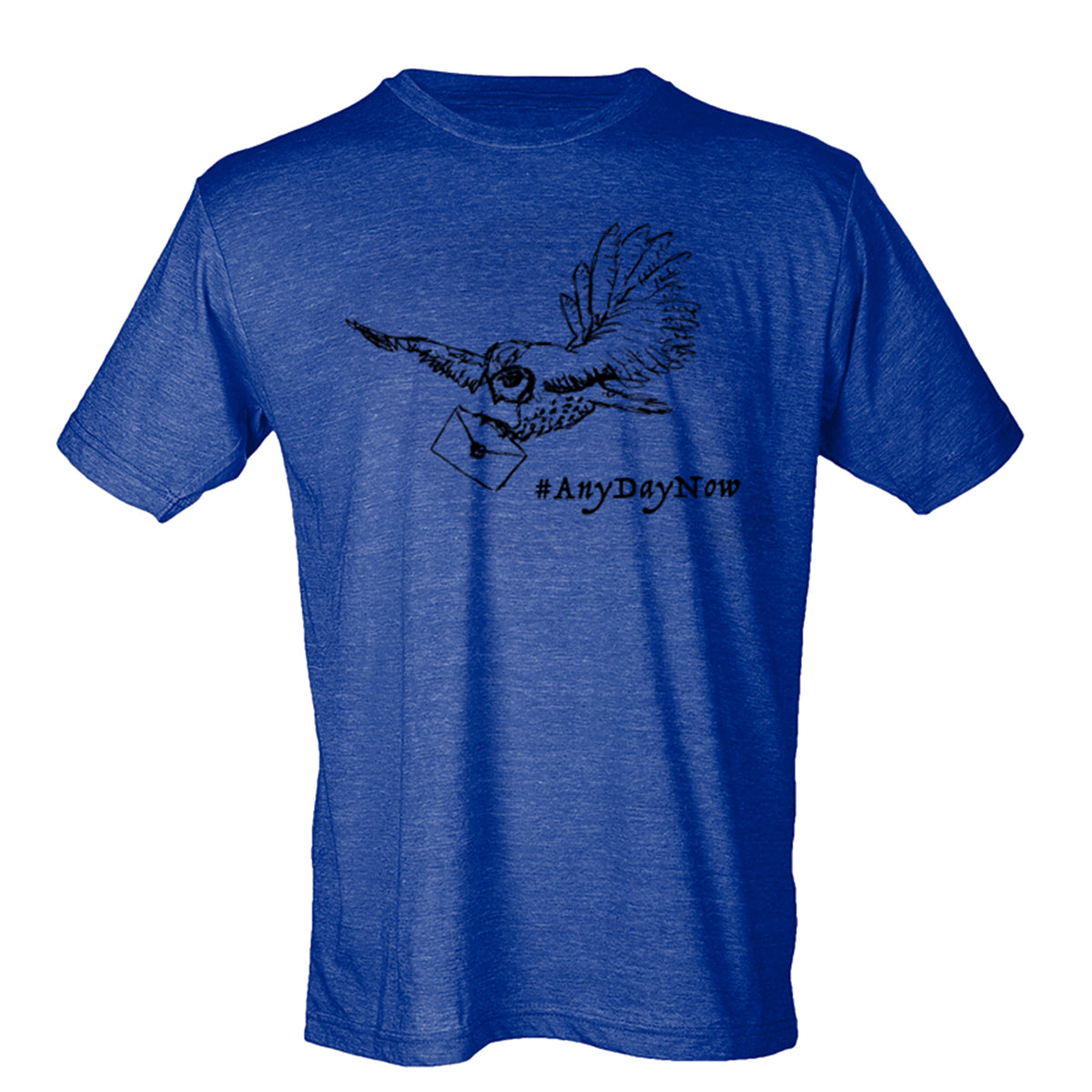 A blue t-shirt with a graphic design depicting a bird carrying a letter and the text "#AnyDayNow" printed on it.