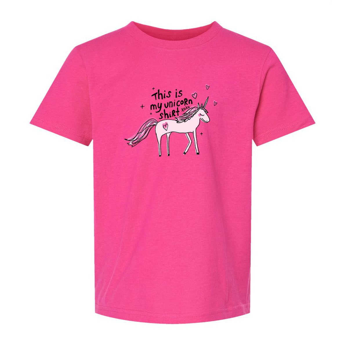 A pink t-shirt with a graphic of a unicorn and the text "This is my unicorn shirt" printed on it.