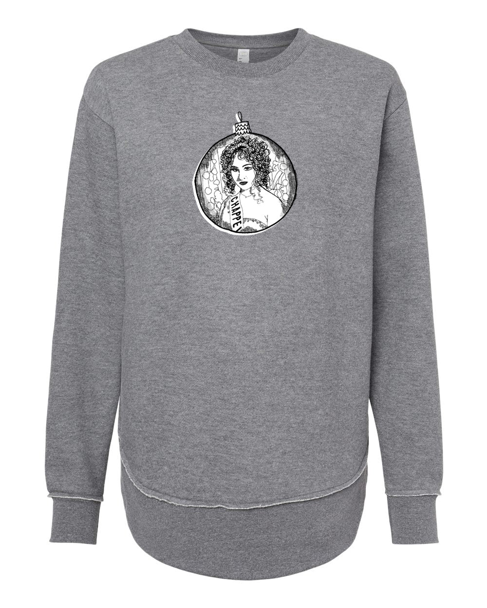 a gray sweatshirt with a circular graphic design on the front. The design includes a woman's portrait and some text, but the exact words are not clear from the image.