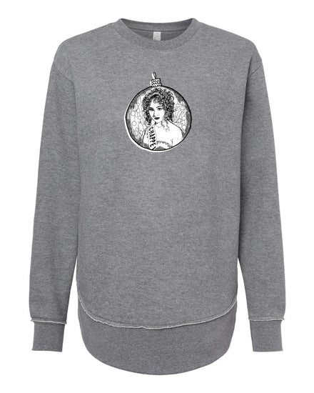 a gray sweatshirt with a circular graphic design on the front. The design includes a woman's portrait and some text, but the exact words are not clear from the image.