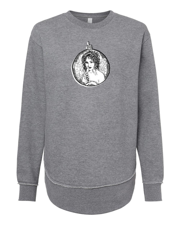 a gray sweatshirt with a circular graphic design on the front. The design includes a woman's portrait and some text, but the exact words are not clear from the image.