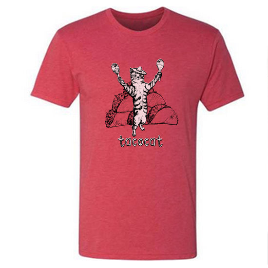 A red t-shirt with a graphic design depicting a cat standing on one leg and holding a taco in each paw, with the word "tacocat" written below the image.