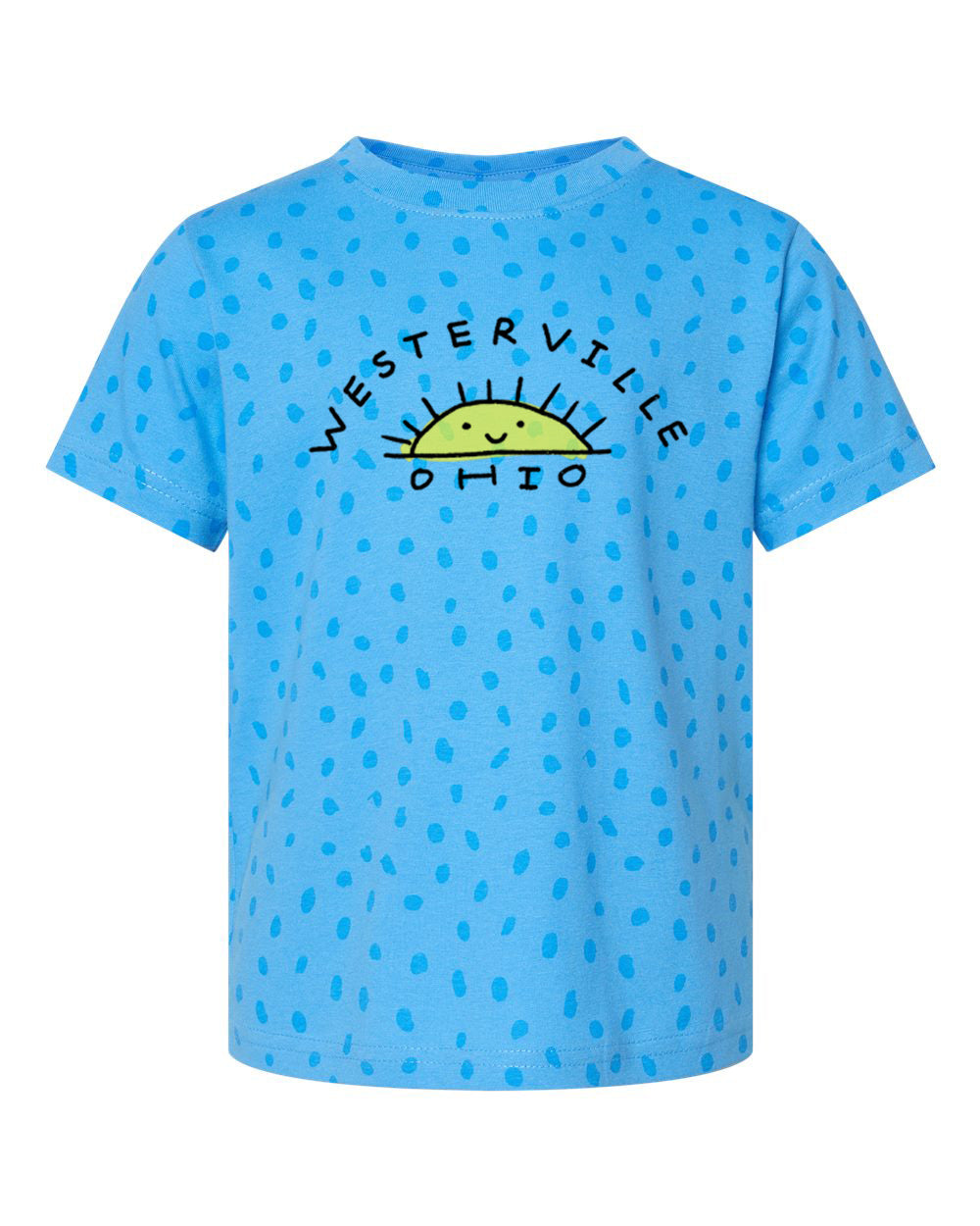 A blue t-shirt with a polka dot pattern and the text "WESTERVILLE OHIO" printed on it.