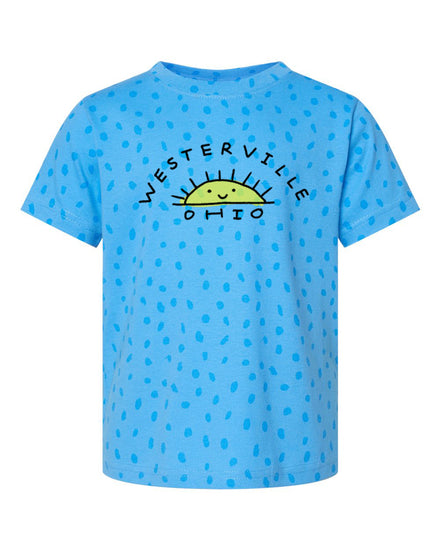 A blue t-shirt with a polka dot pattern and the text "WESTERVILLE OHIO" printed on it.