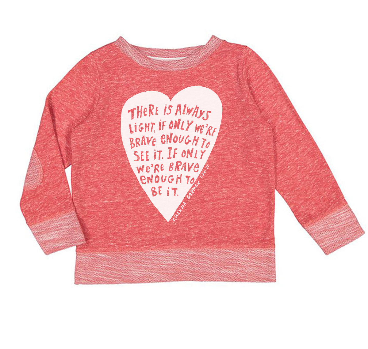 A red long-sleeved shirt with a white heart-shaped graphic and text printed on it.