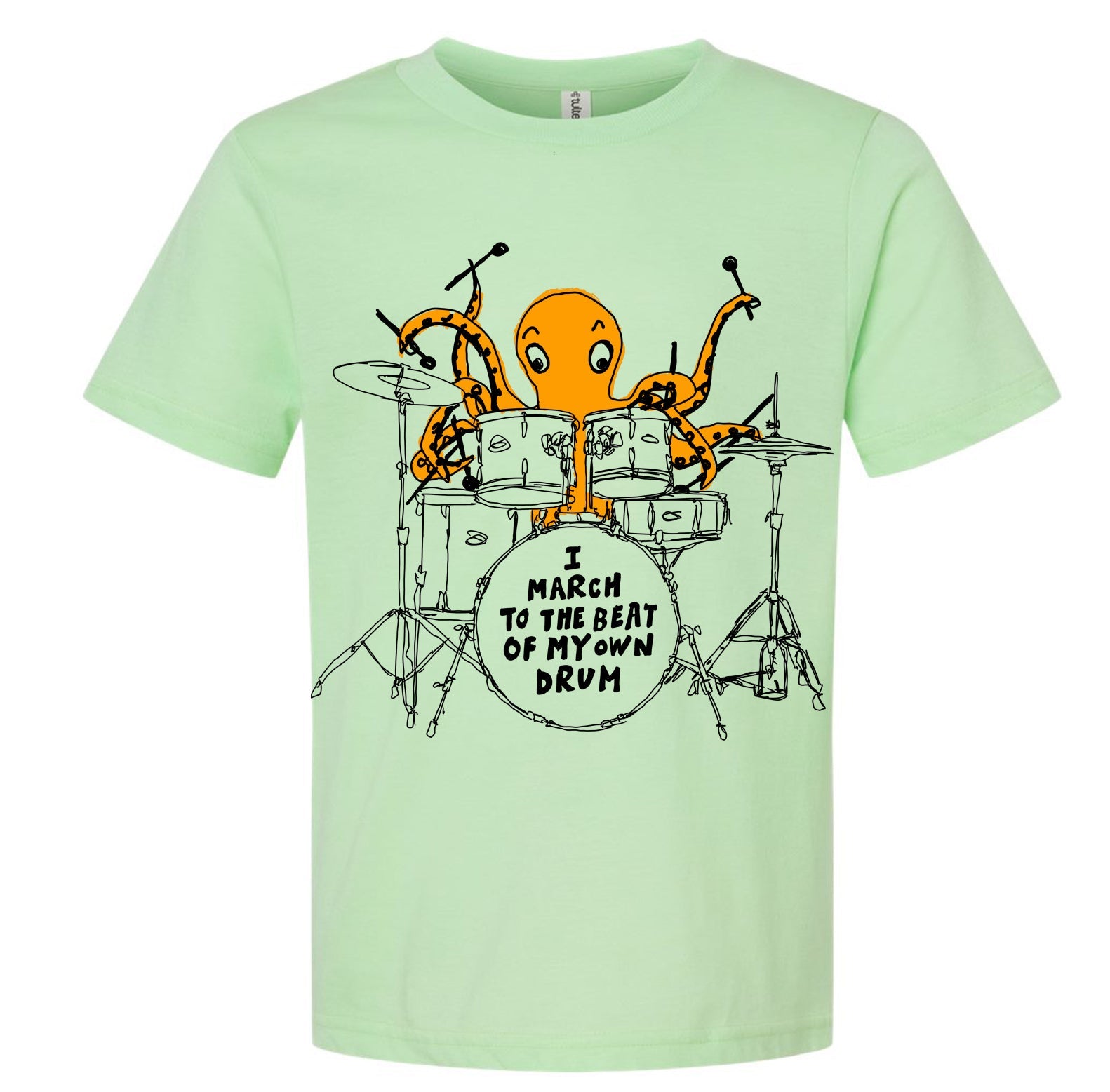 a green t - shirt with an octopus playing drums
