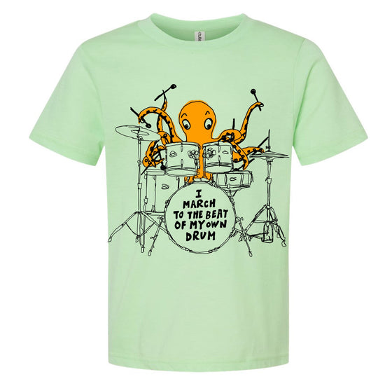 a green t - shirt with an octopus playing drums
