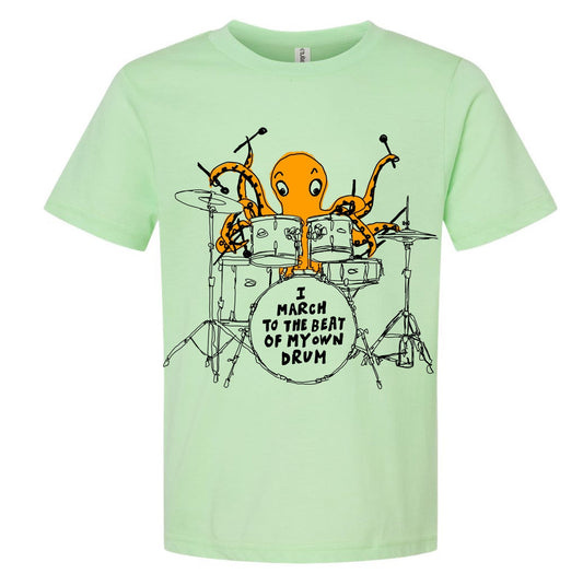 a green t - shirt with an octopus playing drums