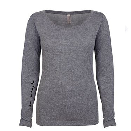 A gray long-sleeved shirt with a simple, classic design.