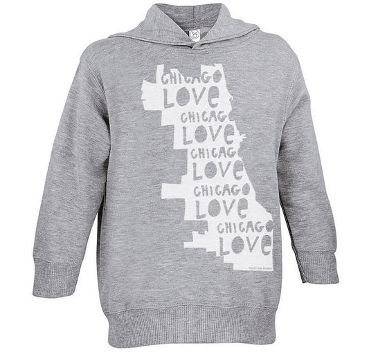 A gray hoodie with a graphic design featuring the text "CHICAGO LOVE CHICAGO LOVE CHICAGO LOVE" printed on it.