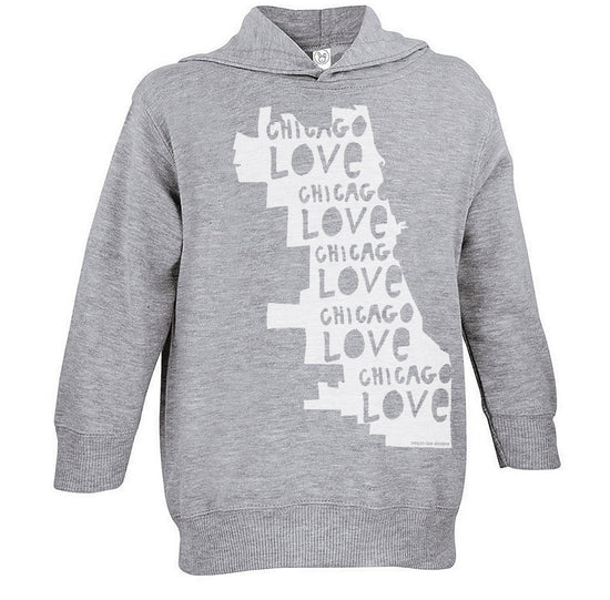 A gray hoodie with a graphic design featuring the text "CHICAGO LOVE CHICAGO LOVE CHICAGO LOVE" printed on it.