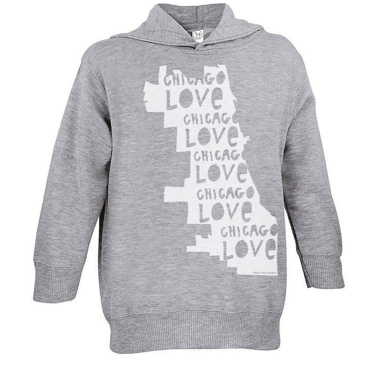 A gray hoodie with a graphic design featuring the text "CHICAGO LOVE CHICAGO LOVE CHICAGO LOVE" printed on it.