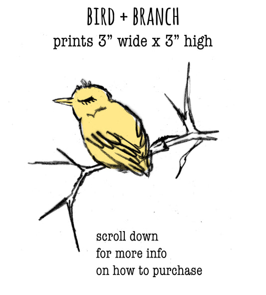 a bird perched on a branch, with a text overlay providing information about the print size and quality.