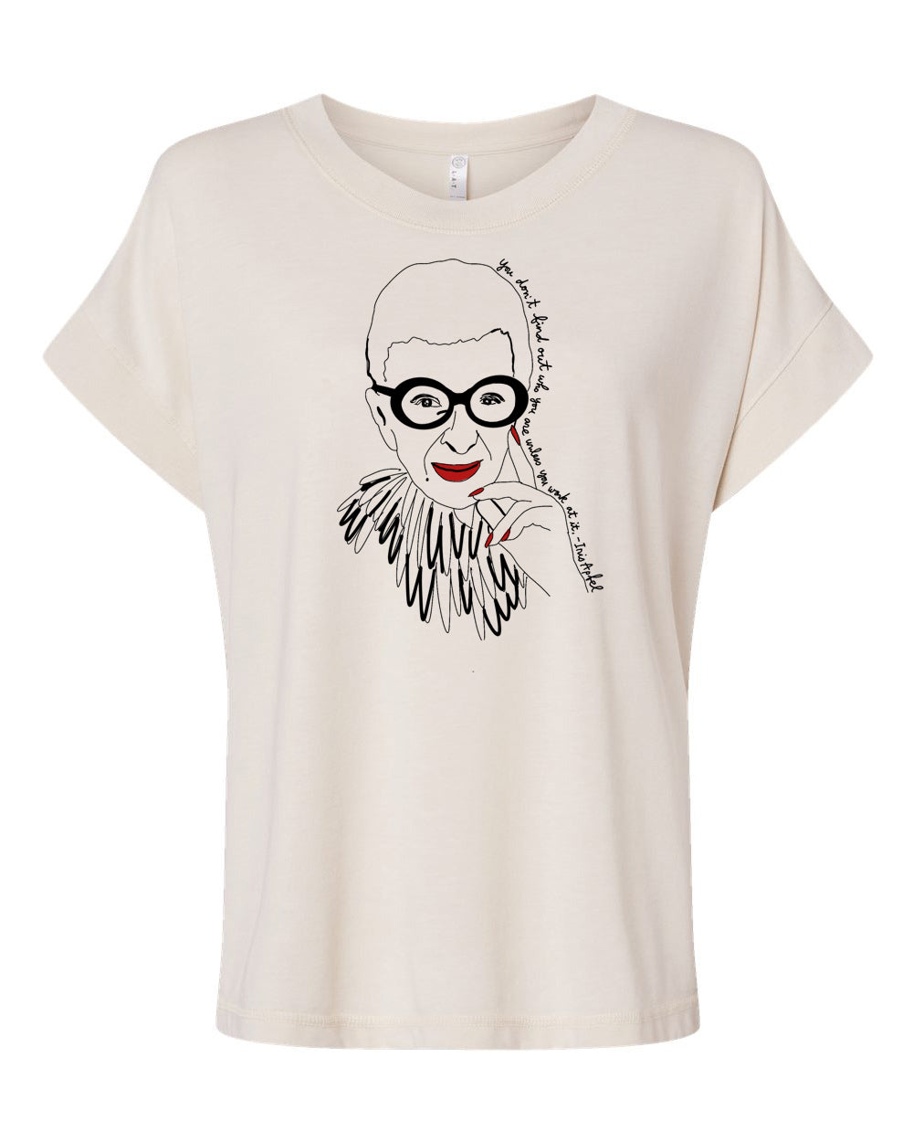 A t-shirt with a graphic design depicting a stylized portrait of a person wearing glasses and a feather boa.