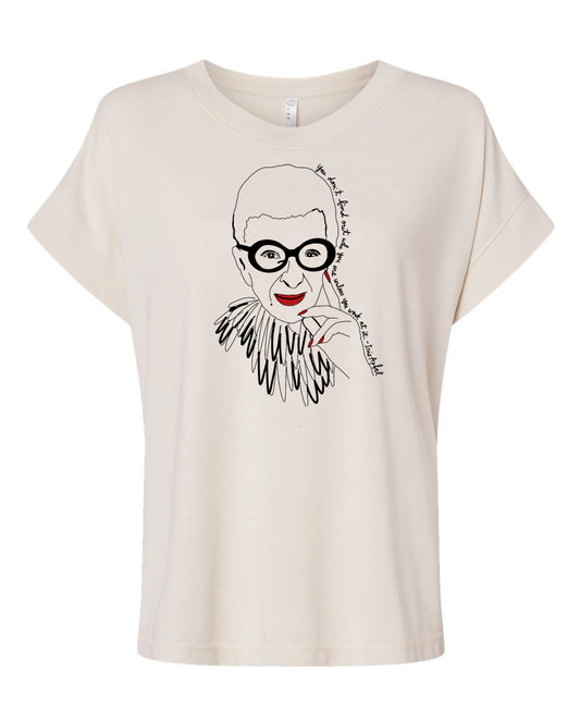 A t-shirt with a graphic design depicting a stylized portrait of a person wearing glasses and a feather boa.