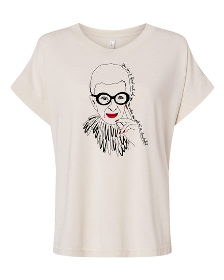 A t-shirt with a graphic design depicting a stylized portrait of a person wearing glasses and a feather boa.