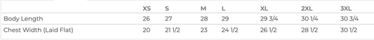 A table with size information for different body lengths and chest widths, along with corresponding measurements.