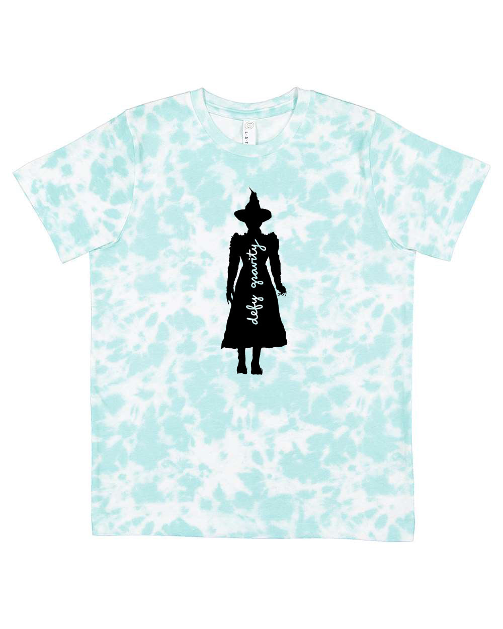 A tie-dye t-shirt with a silhouette of a person wearing a hat and a long dress printed on it.