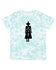 A tie-dye t-shirt with a silhouette of a person wearing a hat and a long dress printed on it.