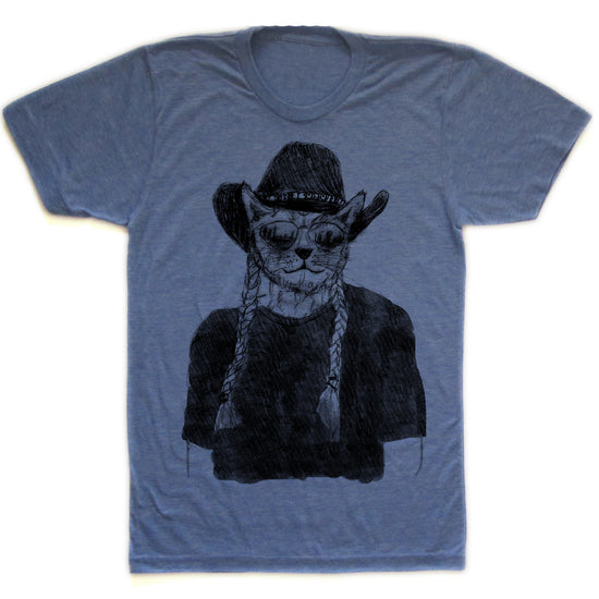 A blue t-shirt with a black and white illustration of a cat wearing a cowboy hat and sunglasses.