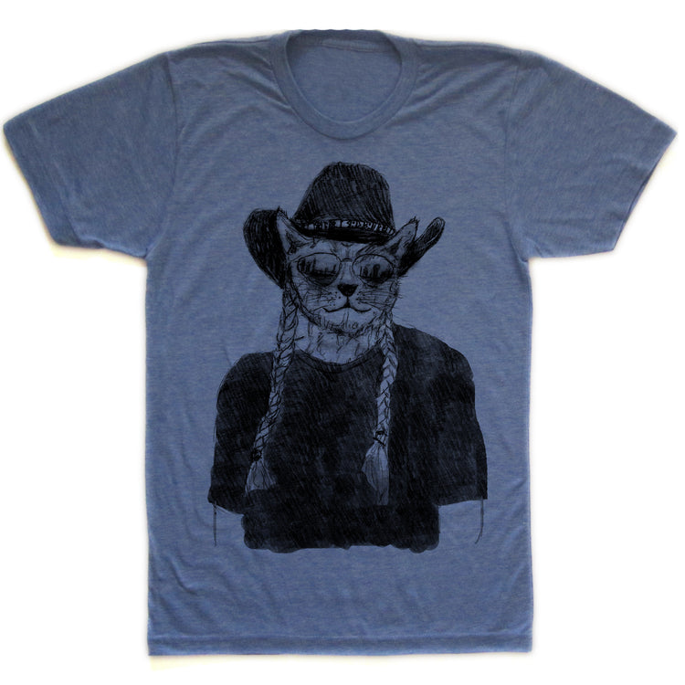 A blue t-shirt with a black and white illustration of a cat wearing a cowboy hat and sunglasses.