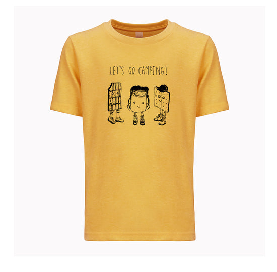 A yellow t-shirt with a graphic design featuring three cartoon-style figures, each with a different pose, accompanied by the text "Let's go camping!"