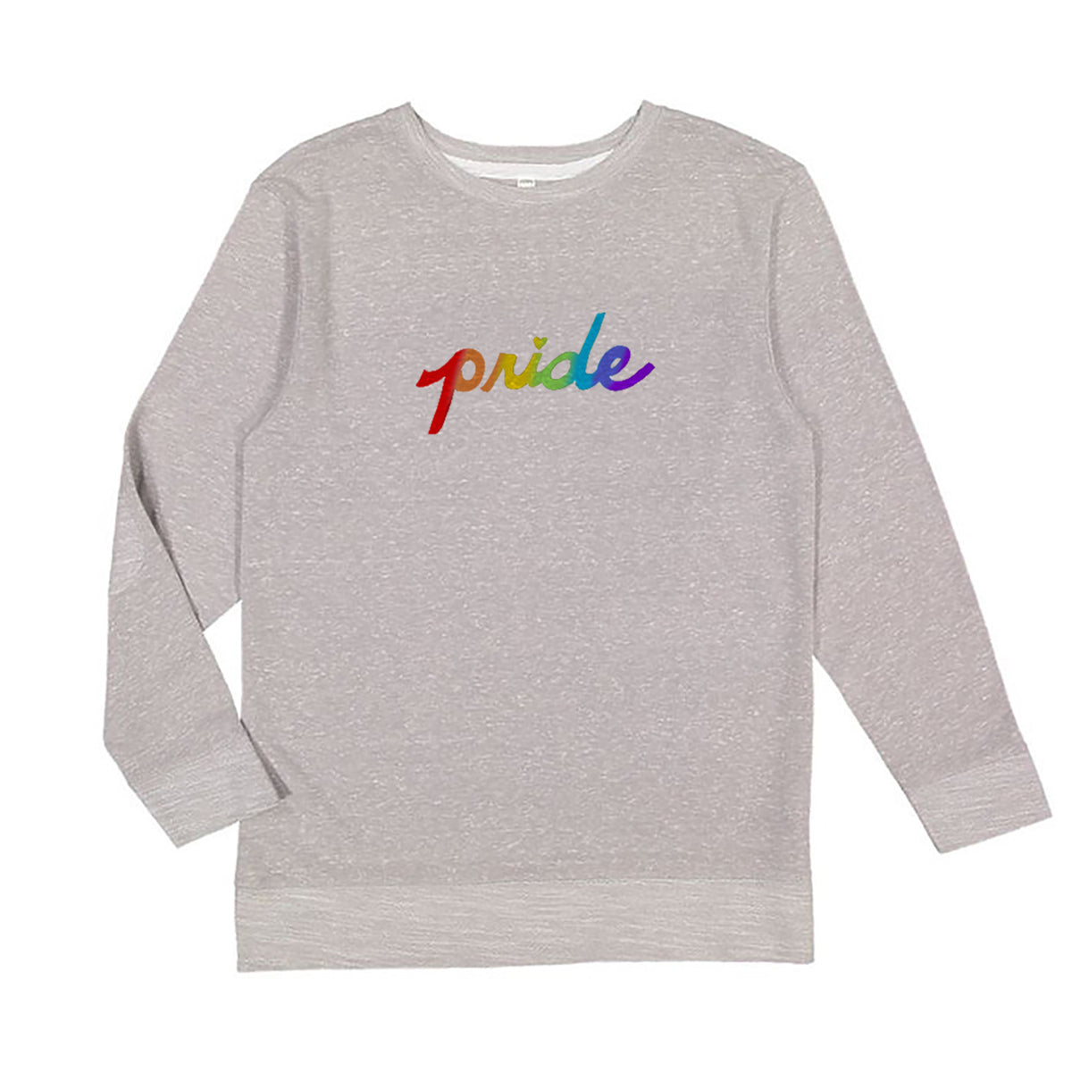 A gray sweatshirt with the word "pride" printed in rainbow colors on the front.