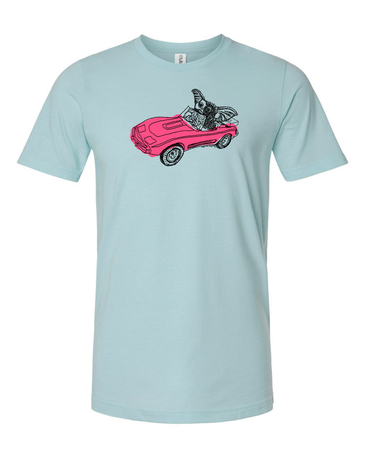 A light blue t-shirt with a graphic design depicting a pink convertible car with a bird perched on the top.