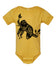 A yellow baby onesie with a black graphic design depicting a sloth.