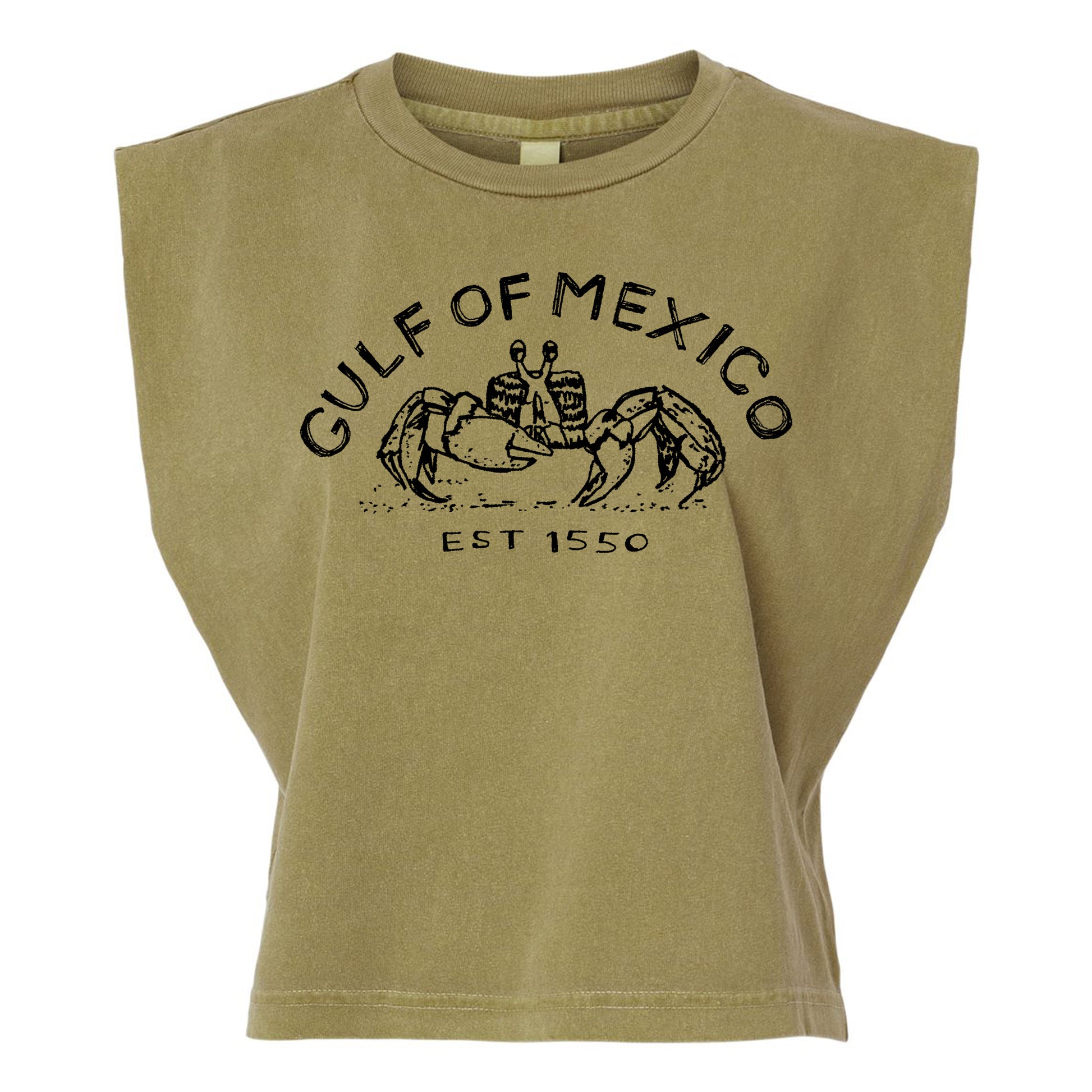 A beige t-shirt with a graphic design featuring a crab and the text "Gulf of Mexico" and "EST 1550".