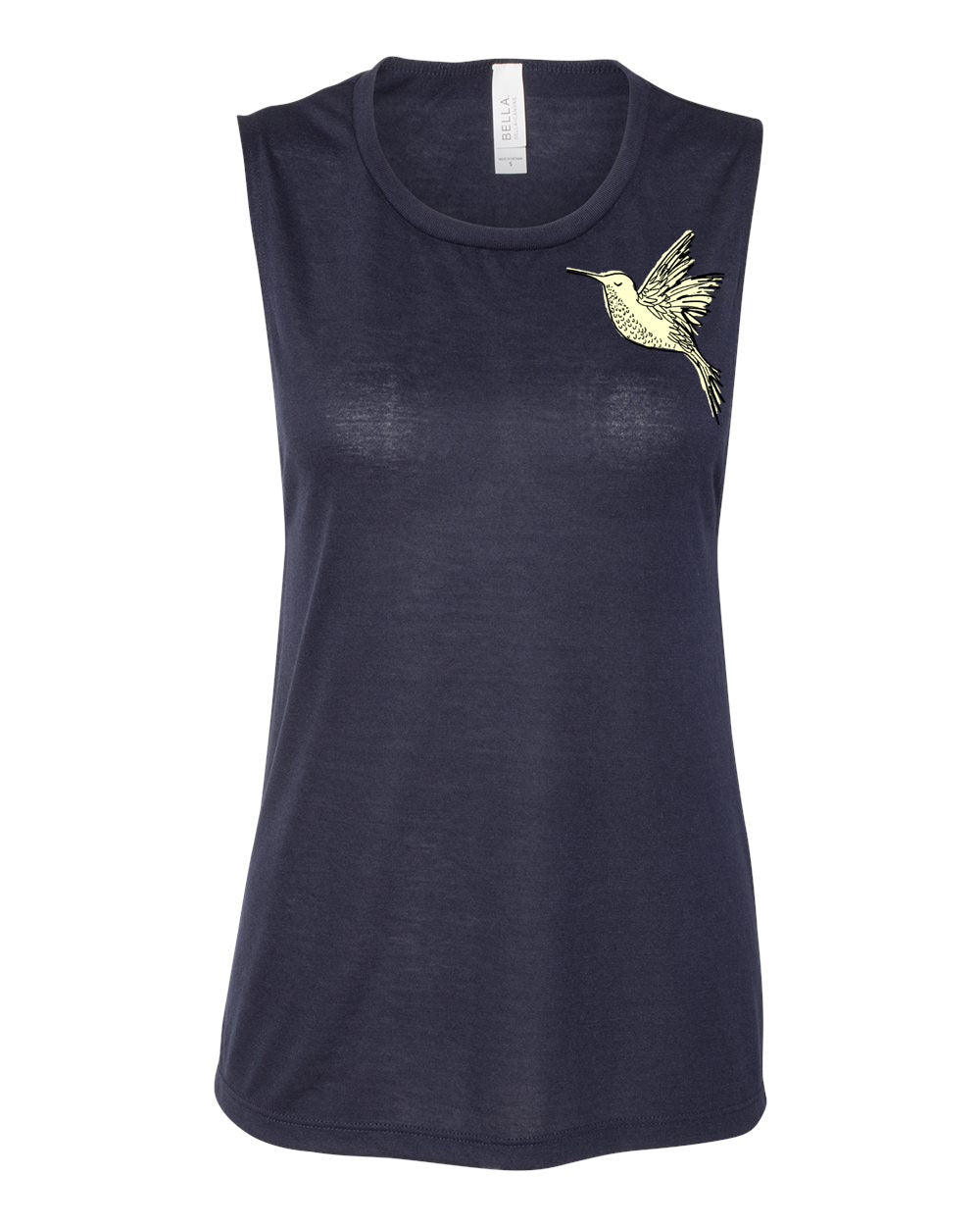 A navy blue sleeveless top with a yellow bird embroidered on the left side.