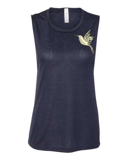 A navy blue sleeveless top with a yellow bird embroidered on the left side.