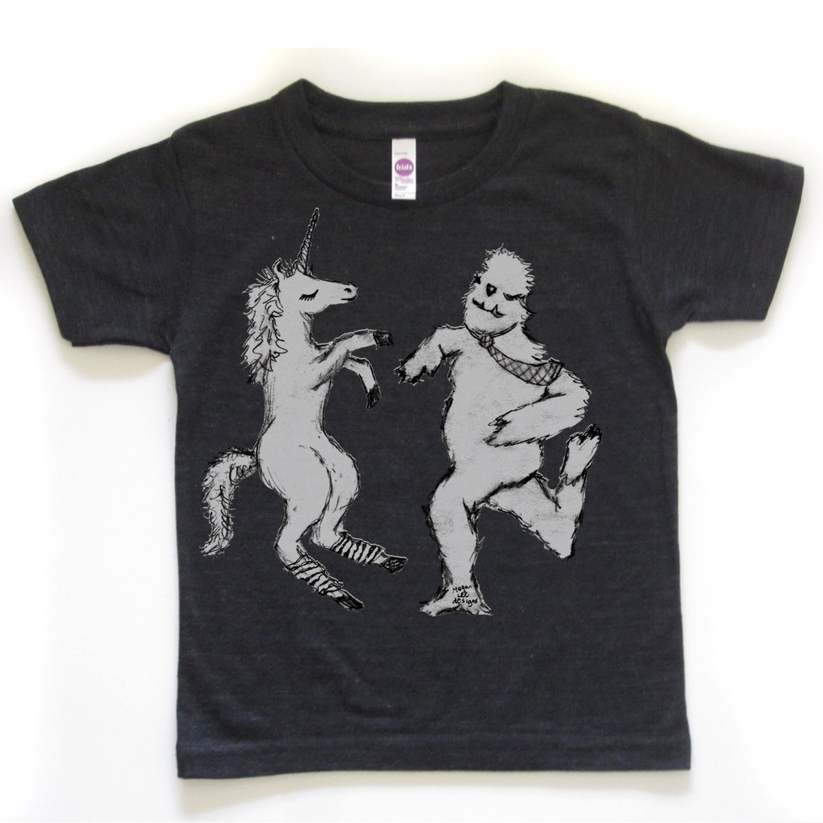 A black t-shirt with a graphic design depicting a unicorn and a creature, possibly a dragon or monster, dancing together.