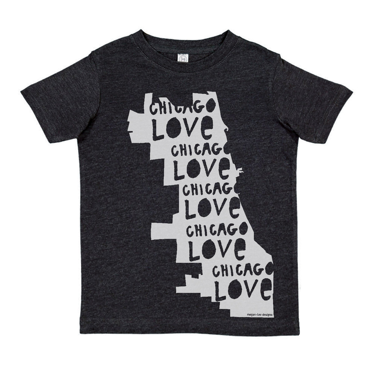 A black t-shirt with a graphic design depicting the word "CHICAGO" in a stylized font, arranged vertically along the length of the shirt.