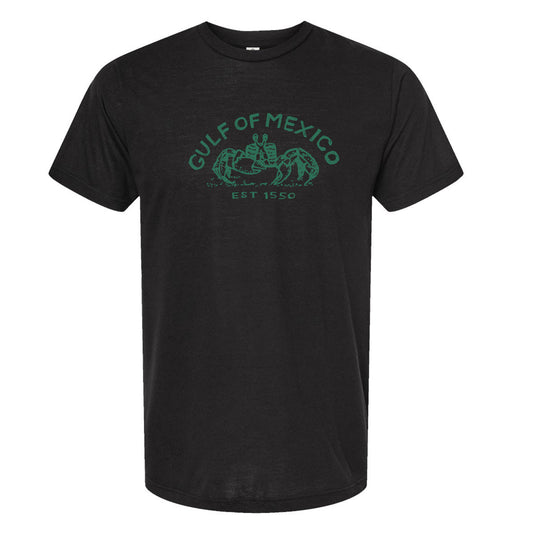 A black t-shirt with a graphic design featuring a palm tree and the text "Gulf of Mexico" printed on it.