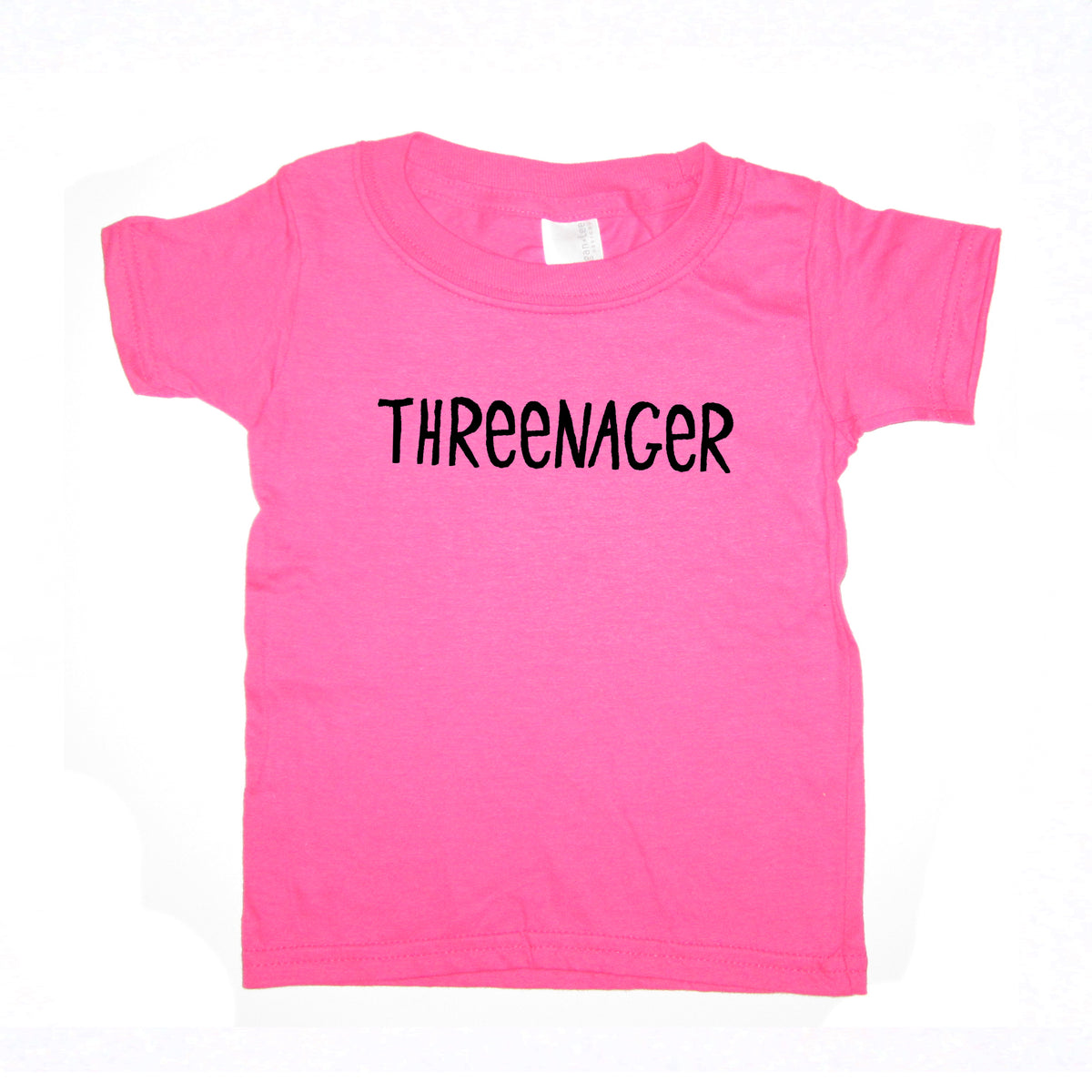 A bright pink t-shirt with the text "THREEENACER" printed on it.