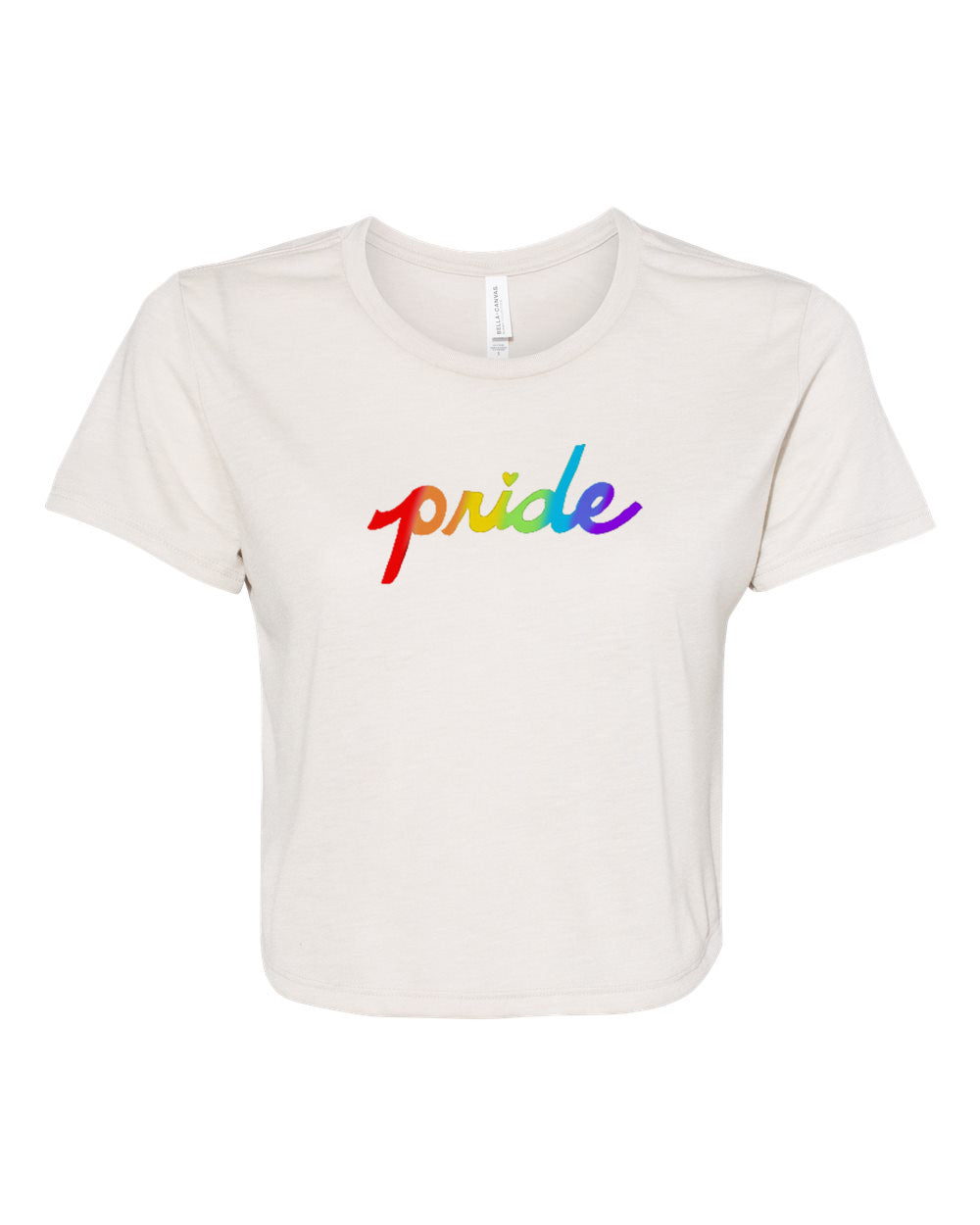 A white t-shirt with the word "pride" printed in a rainbow color scheme.