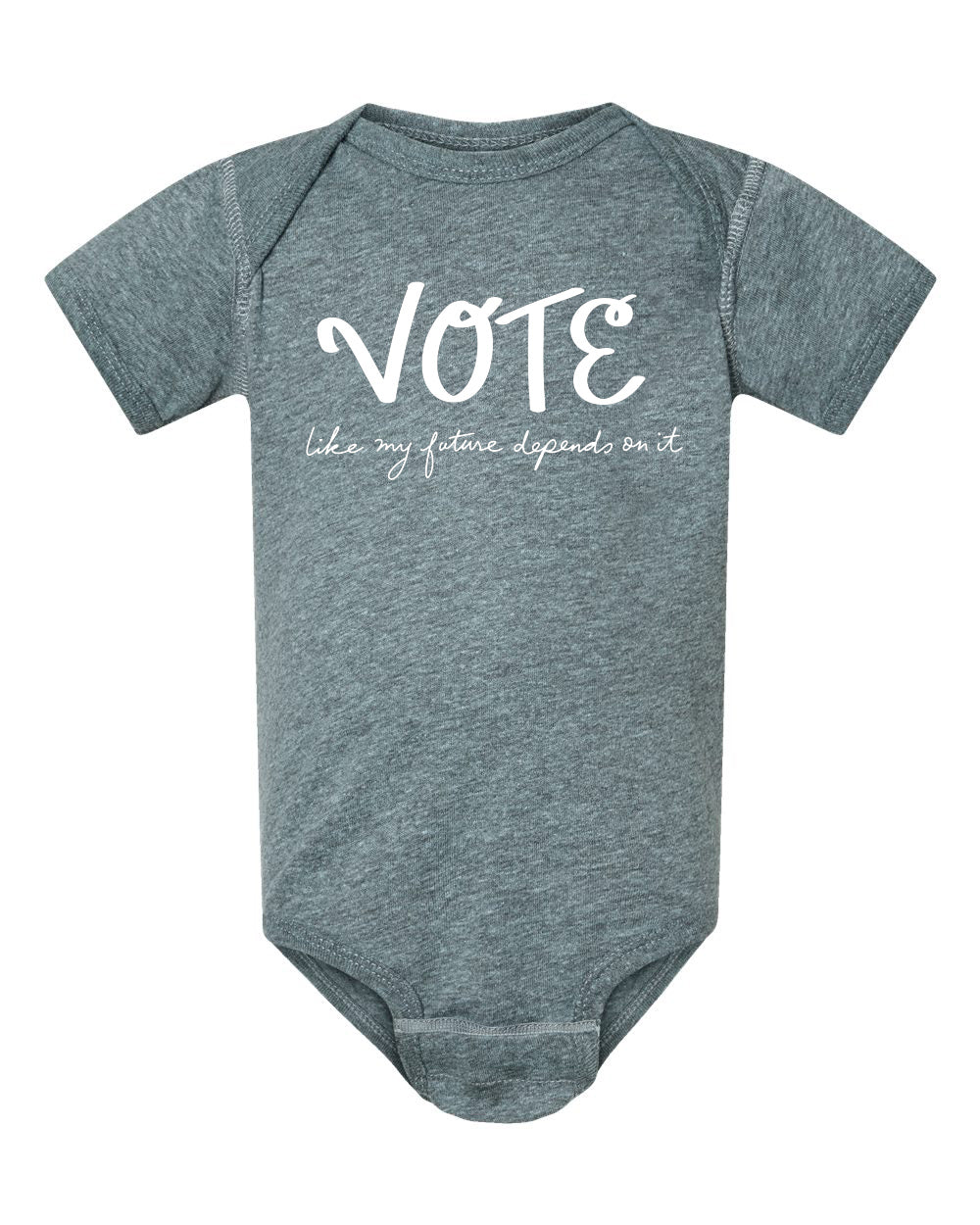 A gray baby onesie with the text "VOTE like my future depends on it" printed on it.