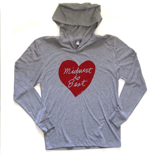 A gray hooded sweatshirt with a red heart-shaped graphic and the text "Midwest So Best" printed on it.