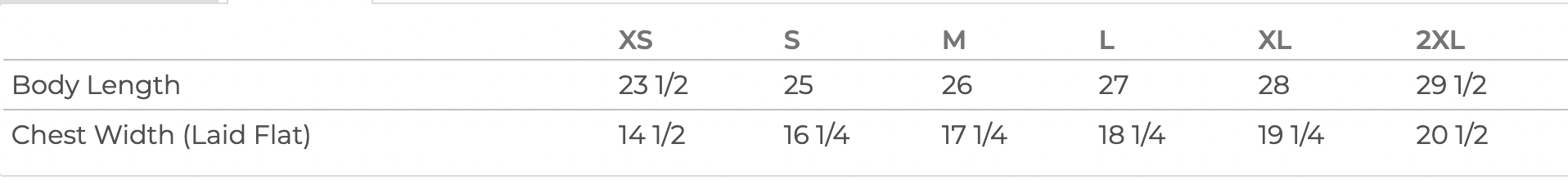 A table with size information for different clothing items, including chest widths and body lengths.