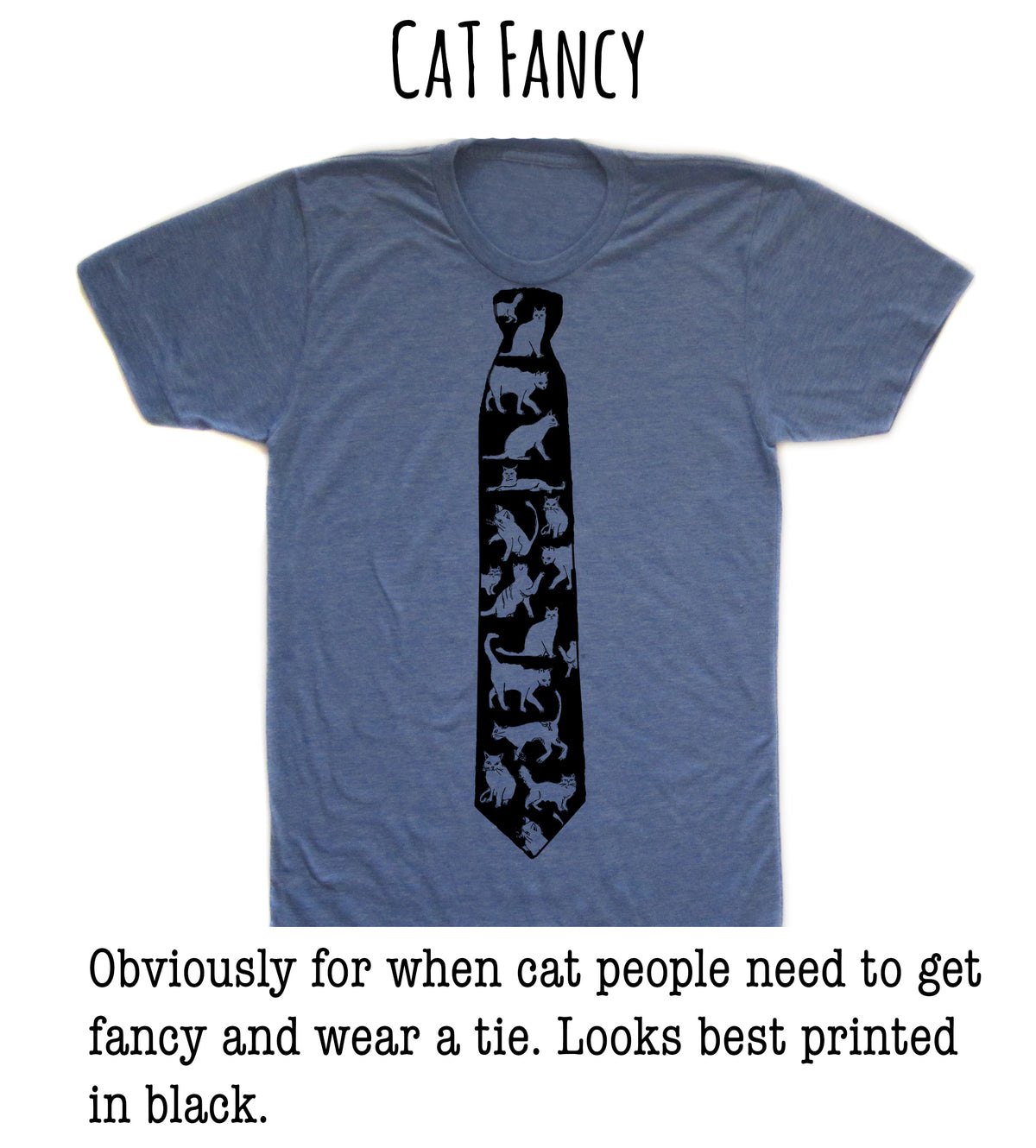 A blue t-shirt with a black tie printed on it, which appears to be a humorous and unconventional design choice for a formal occasion.