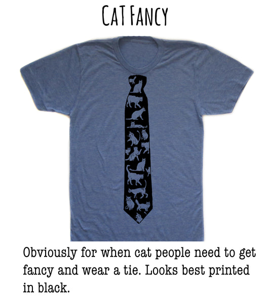 A blue t-shirt with a black tie printed on it, which appears to be a humorous and unconventional design choice for a formal occasion.