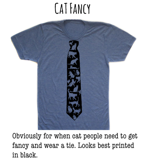 A blue t-shirt with a black tie printed on it, which appears to be a humorous and unconventional design choice for a formal occasion.