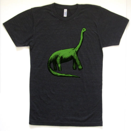 A black t-shirt with a green dinosaur graphic printed on it.