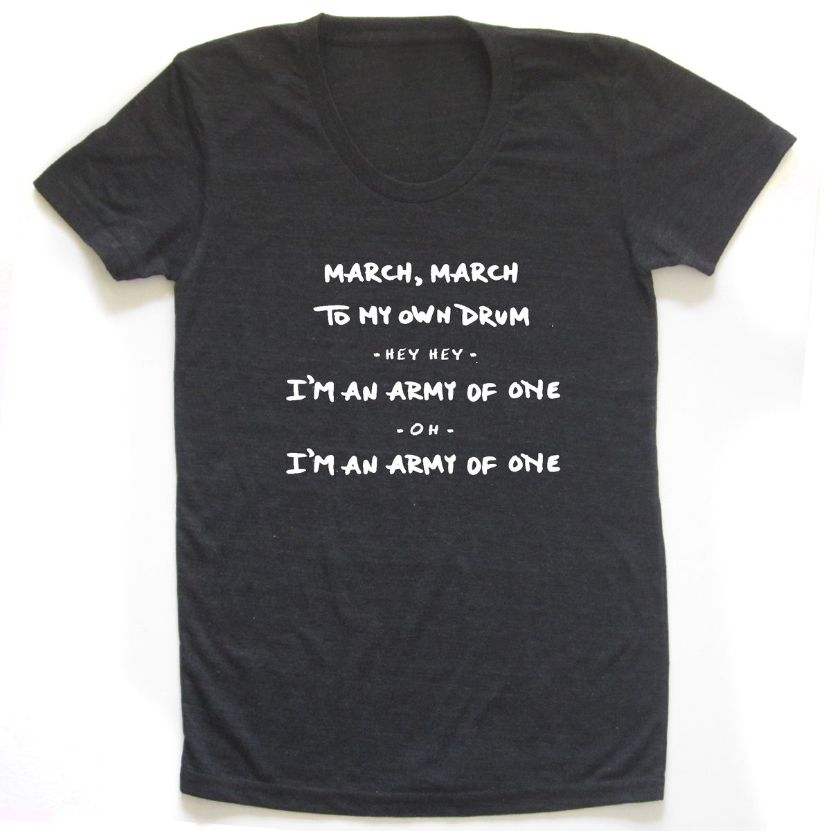 A black t-shirt with white text printed on it.