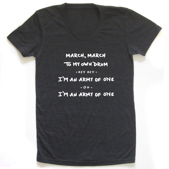 A black t-shirt with white text printed on it.